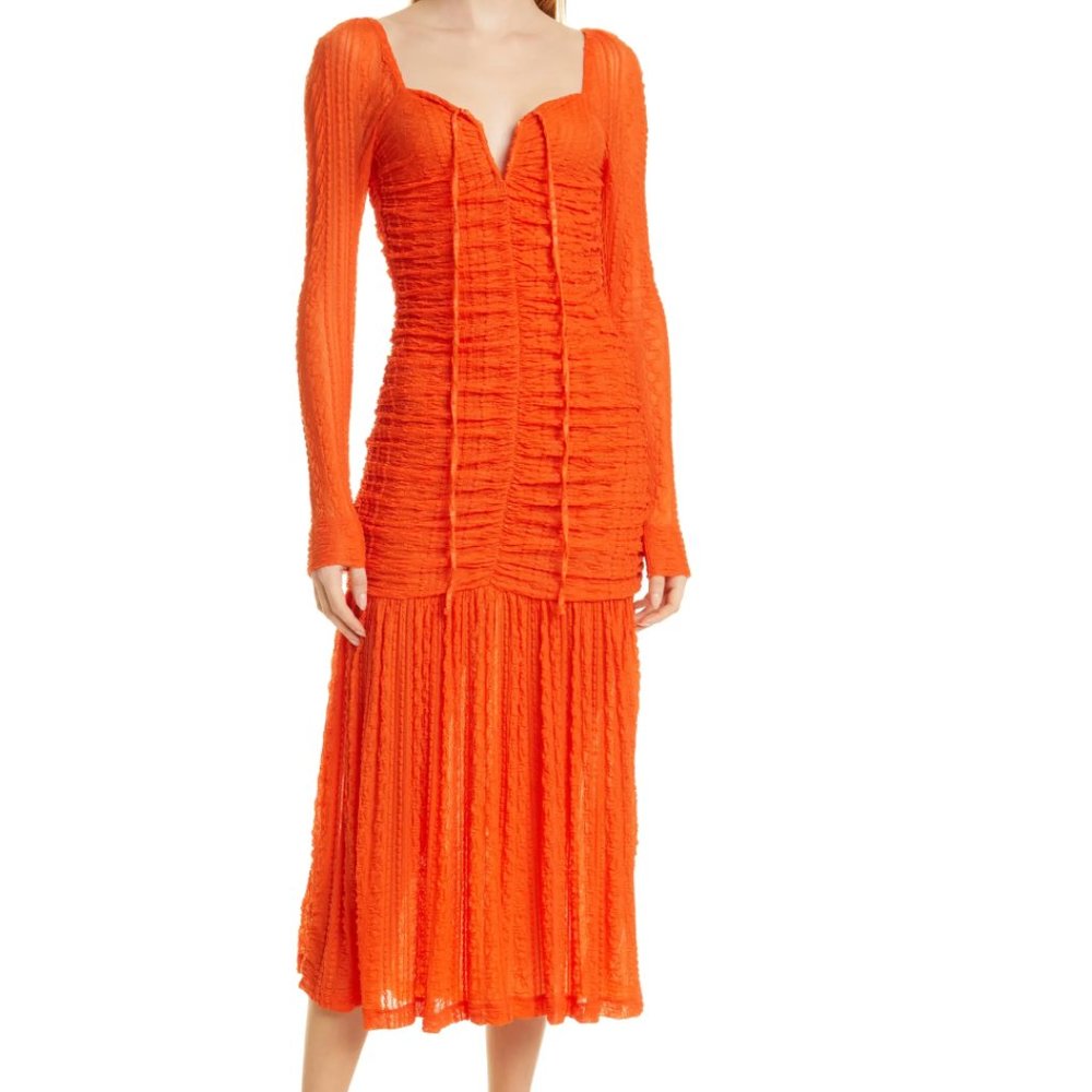 GANNI Ruched Long Sleeve Stretch Lace Midi Dress Size Size 6 NWT